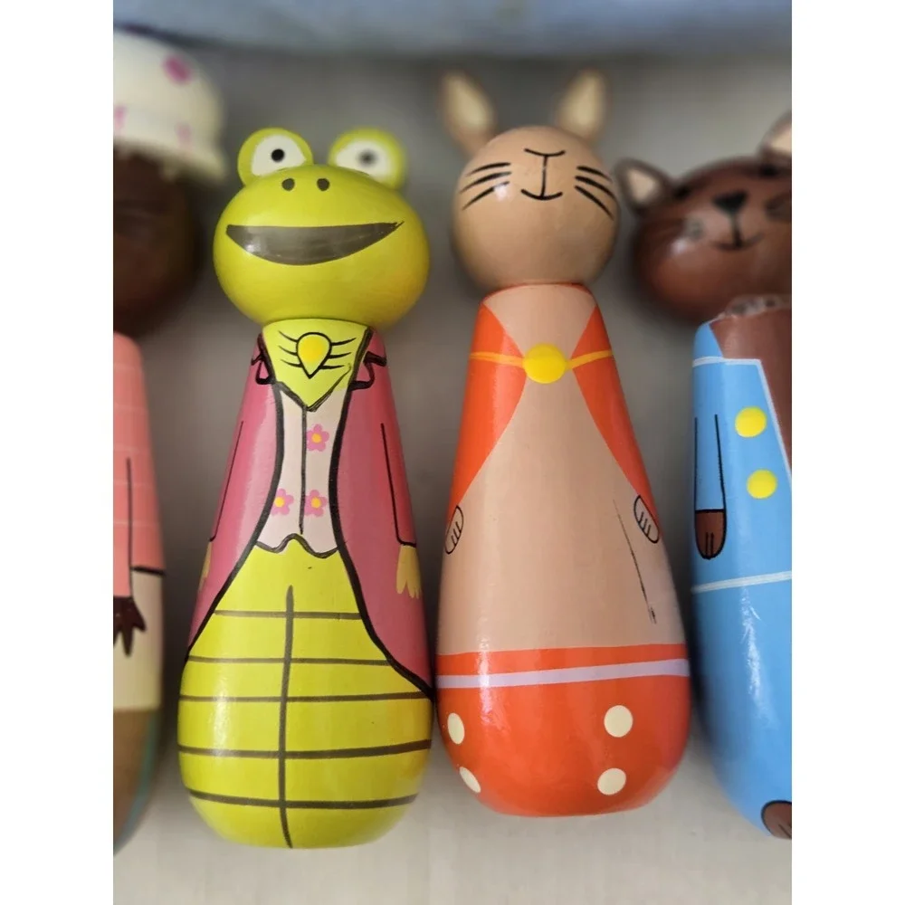 5 Peter Rabbit Wooden Skittles Beatrix Potter Orange Tree Toys W/ Pouch Cottage